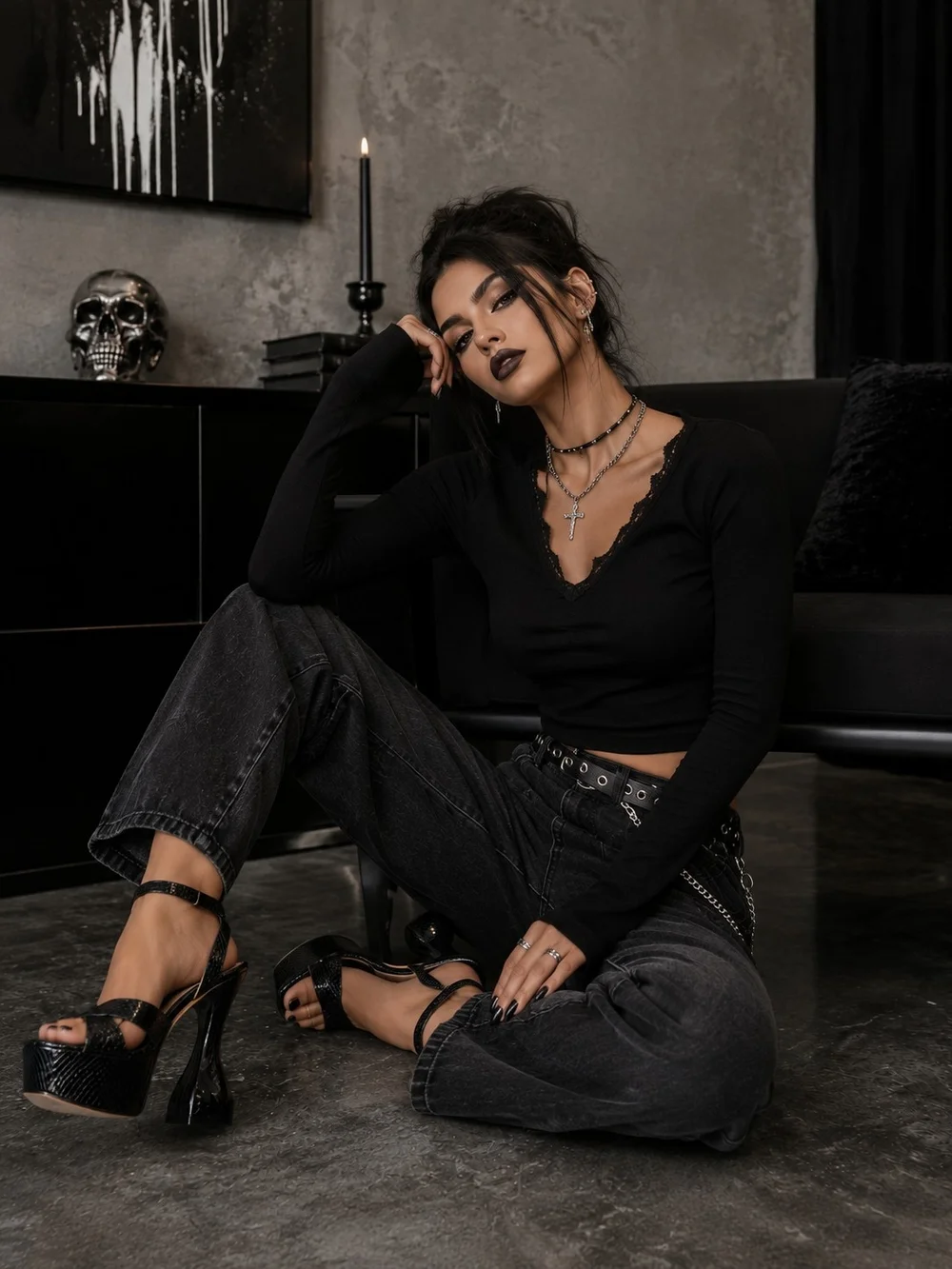 Black Textured Platform Sandals with Sculpted Heel
